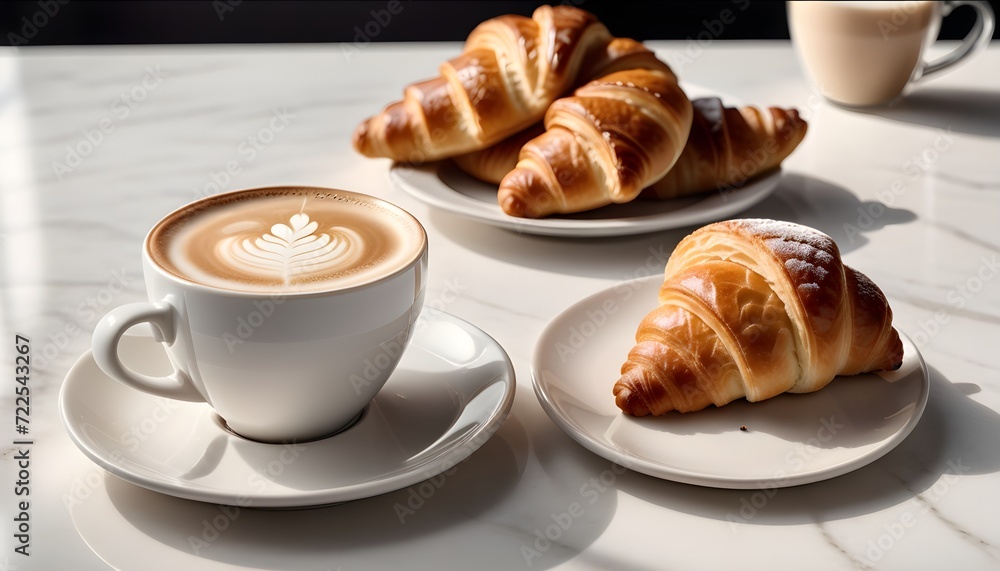 cups of cappuccino with latte art and fresh croissants on a marble table. cups of cappuccino with latte art and fresh croissants on a marble table.