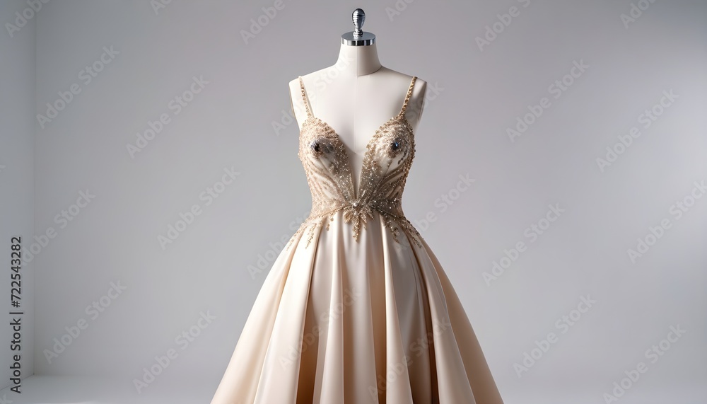 Elegant beige evening dresses on mannequins against a neutral background. Elegant beige evening dresses on mannequins against a neutral background.