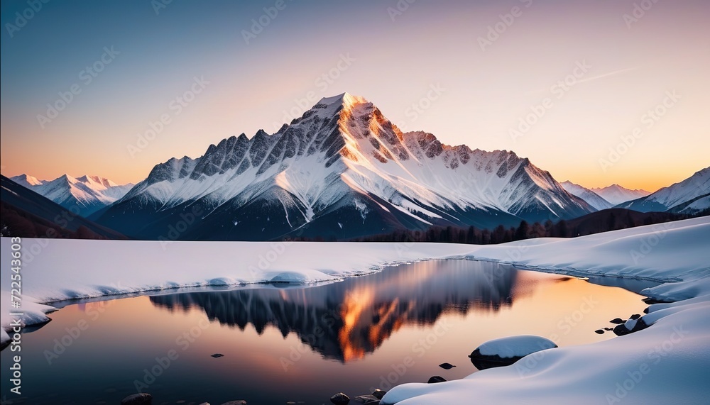 A snow-covered mountain range reflecting the warm hues of a sunset