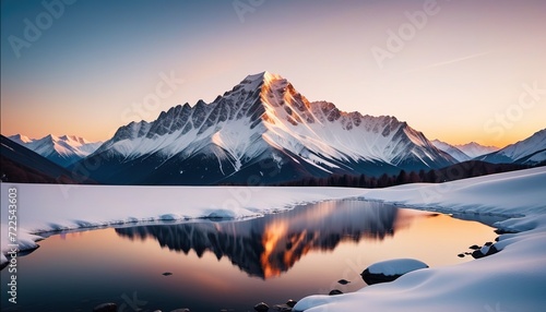 A snow-covered mountain range reflecting the warm hues of a sunset
