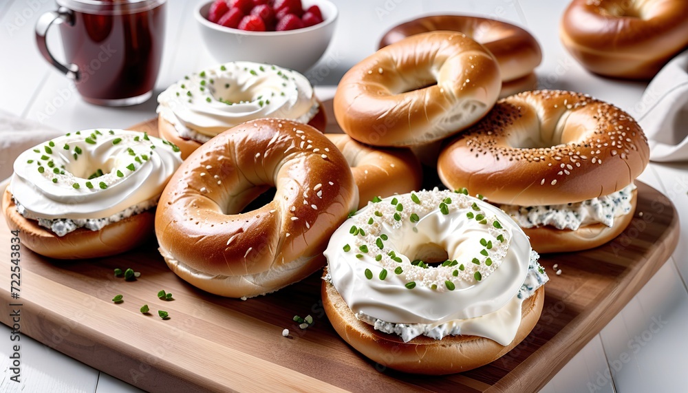 Bagels with cream cheese on a wooden board,