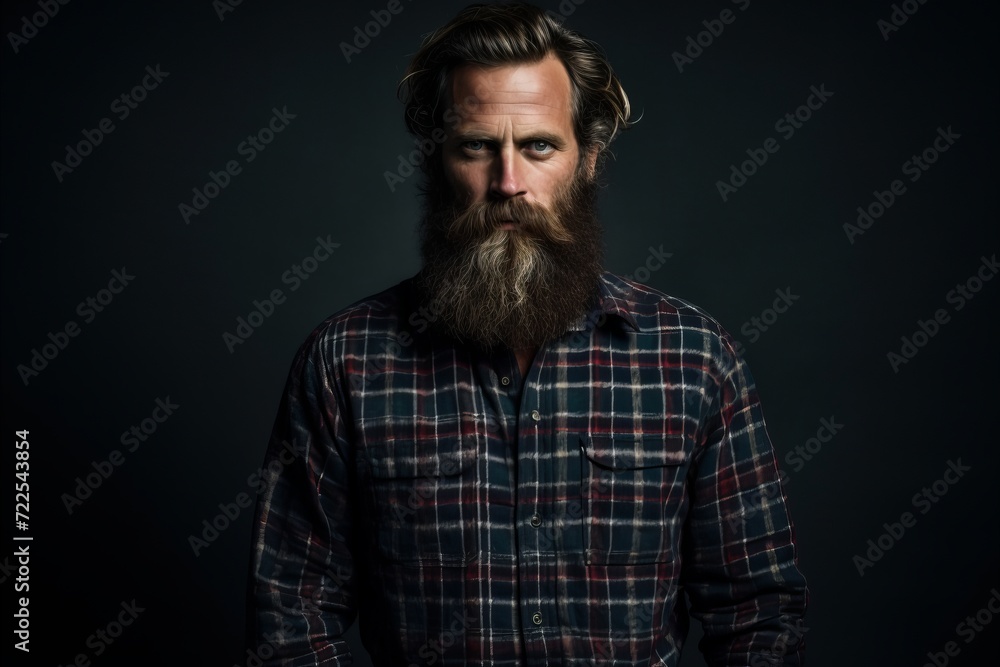 handsome bearded man with long beard and mustache on serious face in checkered shirt on grey studio background handsome bearded man with long beard and mustache on serious face in checkered shirt on grey studio background