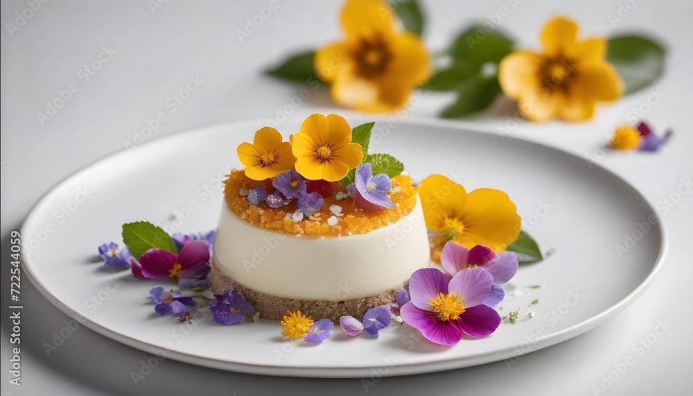 Exquisite plated dessert with edible flowers Exquisite plated dessert with edible flowers