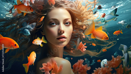 Beautiful young woman with fish in the water