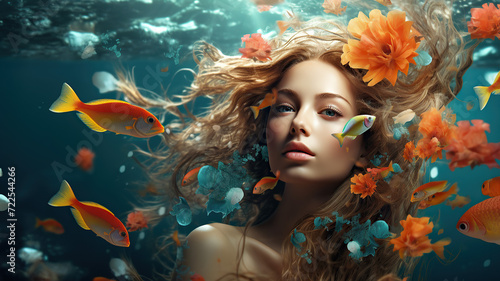 Beautiful young woman with fish in the water