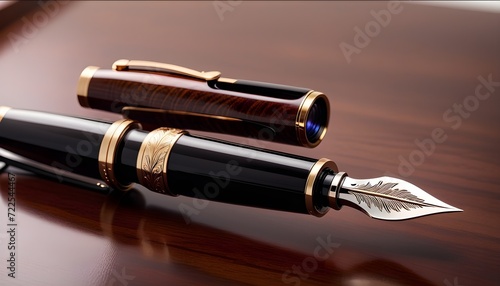 Handcrafted fountain pen on a mahogany desk