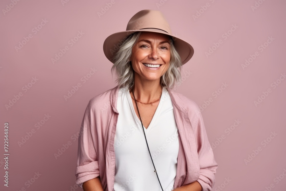 Portrait of smiling senior woman in hat. Isolated on pink background Portrait of smiling senior woman in hat. Isolated on pink background