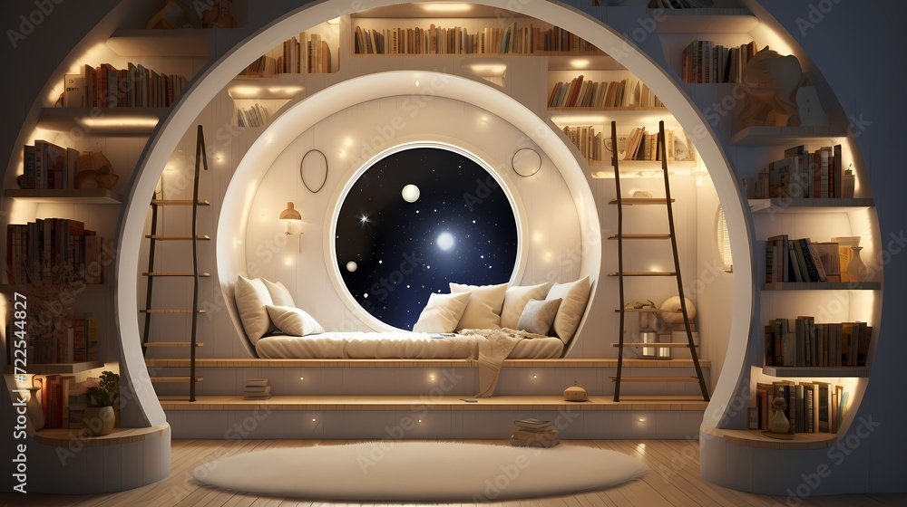 Celestial-themed reading nook with levitating bookshelves, interactive e-readers, and cosmic-inspired decor, providing a space age retreat for book lovers - obrazy, fototapety, plakaty 