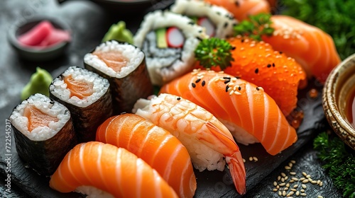 Assorted sushi nigiri and maki big set on slate. A variety of Japanese sushi with tuna and crab.