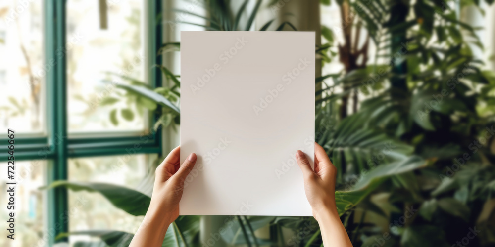 hands holding a blank white paper in front of a window, generative AI hands holding a blank white paper in front of a window, generative AI