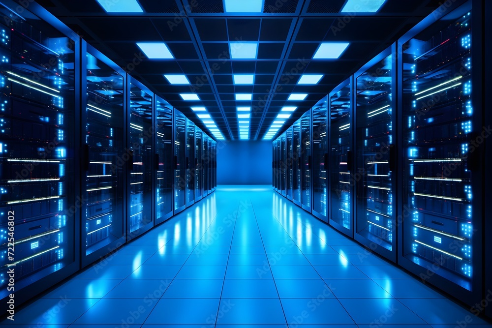 Visually appealing data server center with server racks emitting blue light. Modern server data center. Generative AI