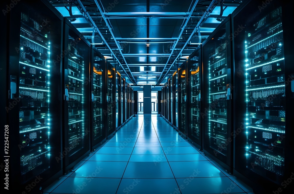 Visually appealing data server center with server racks emitting blue light. Modern server data center. Generative AI Visually appealing data server center with server racks emitting blue light. Modern server data center. Generative AI