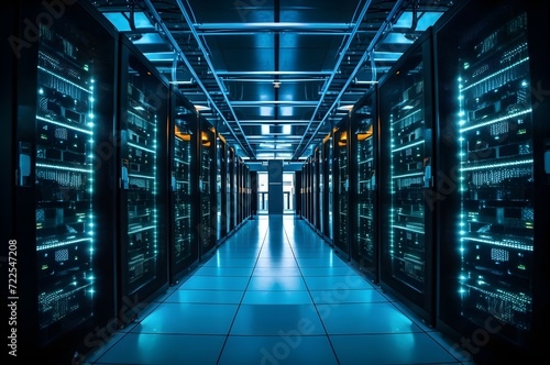 Visually appealing data server center with server racks emitting blue light. Modern server data center. Generative AI