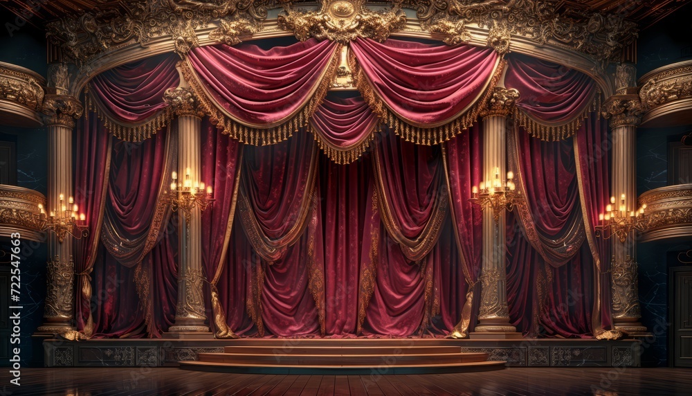 a theater with red curtains and gold trim