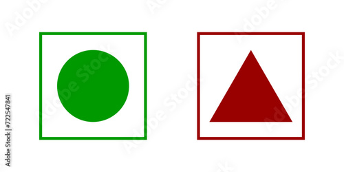 Vegetarian and non-vegetarian symbols. Green dot and red triangle in squares isolated on white background. Vegan and non vegan food labels. Vector flat illustration.