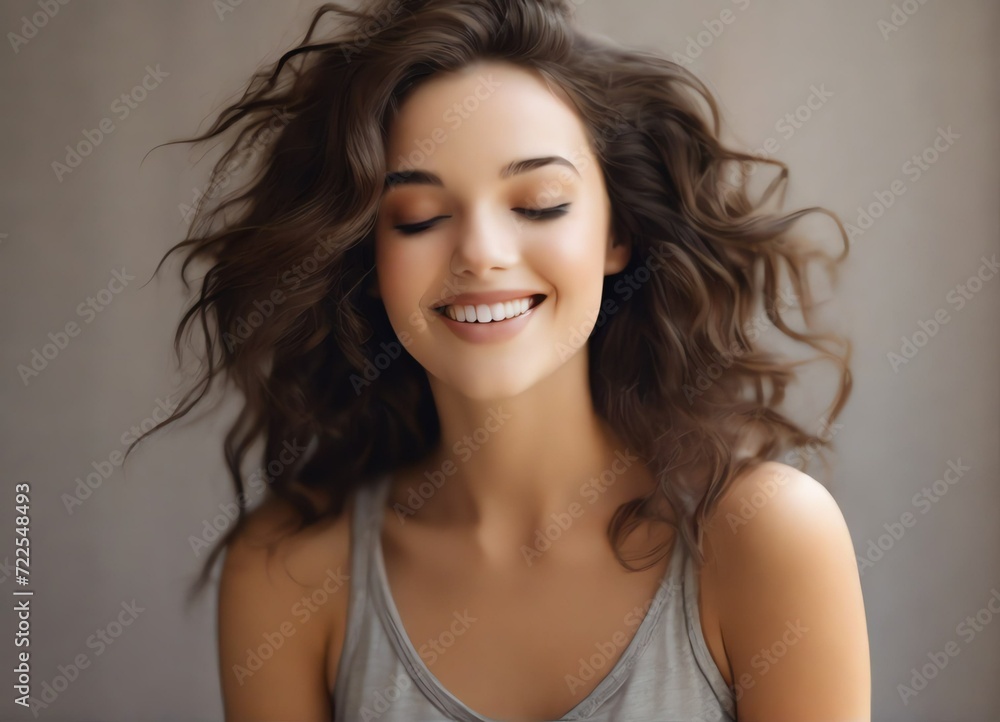 Happy woman with brown hair and flawless skin smiling with her eyes closed from Generative AI Happy woman with brown hair and flawless skin smiling with her eyes closed from Generative AI