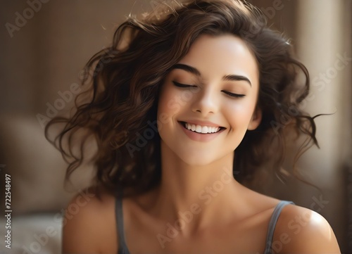 Happy woman with brown hair and flawless skin smiling with her eyes closed from Generative AI