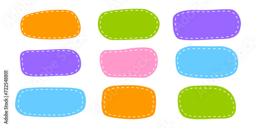 Hand drawn rectangle shapes with dashed stitches. Cute organic rectangular forms. Empty colorful tags, text boxes, stickers, labels, messages, speech bubbles templates. Vector flat illustration