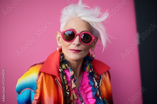 Fashionable senior woman with short white hair and sunglasses posing over pink background.