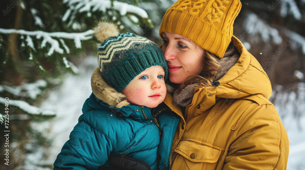 Woman holding child in serene snowy forest. Perfect for winter family themes and holiday cards Woman holding child in serene snowy forest. Perfect for winter family themes and holiday cards