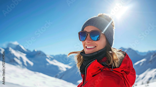 Woman wearing red jacket and sunglasses stands confidently on top of snow-covered mountain. Perfect for outdoor adventure and winter sports themes