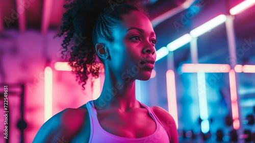 Focused Female Athlete in Neon Lights at Gym. Generative ai photo