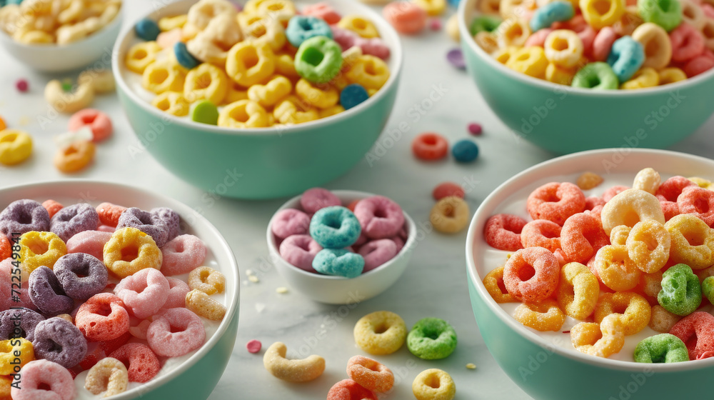 Table with various bowls filled with cereal. Perfect for breakfast or food-related concepts Table with various bowls filled with cereal. Perfect for breakfast or food-related concepts