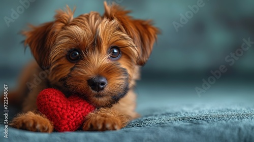 Cute lover Valentine puppy dog lying with a red heart, isolated on blue background