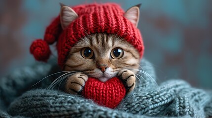 A red knitted heart in the paws of a cat. A postcard with a gray and black fluffy cat