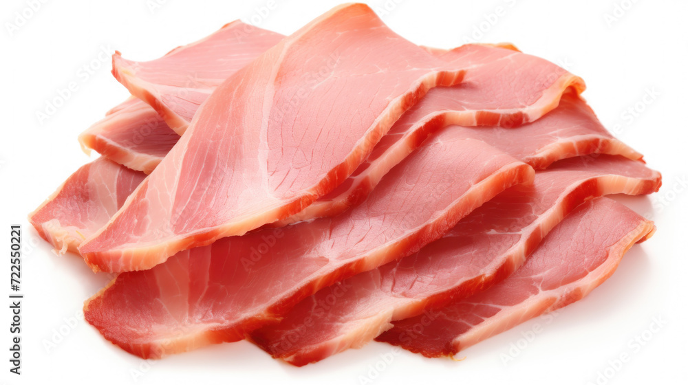 Pile of sliced ​​bacon on white surface. Suitable for food and cooking-related projects