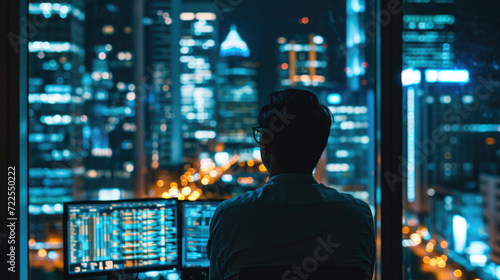 Man stands by window, gazing out at city lights at night. Perfect for illustrating urban life and contemplation