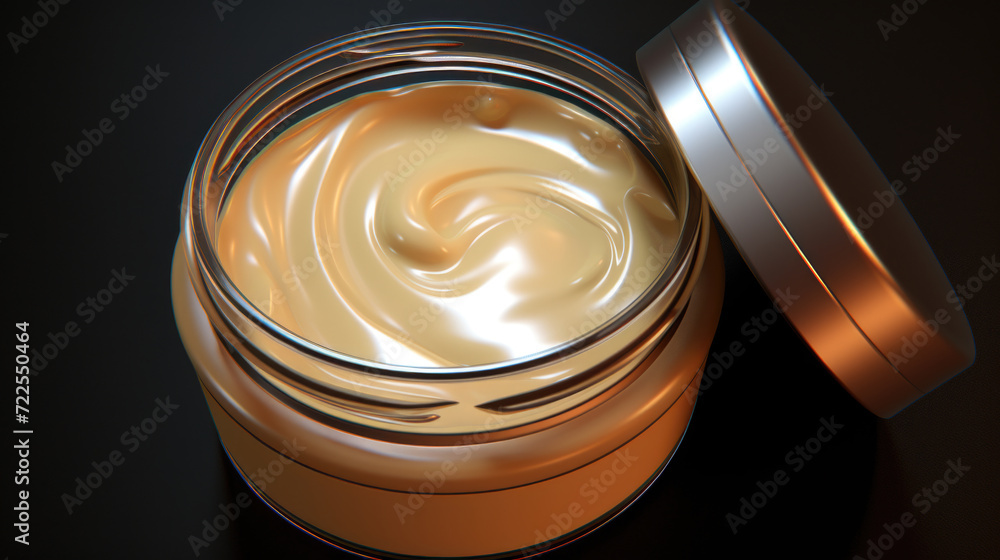 Jar of cream sitting on top of table. Suitable for skincare and beauty product concepts Jar of cream sitting on top of table. Suitable for skincare and beauty product concepts