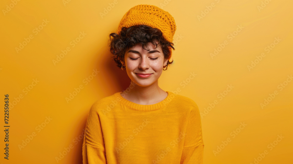 Woman wearing yellow sweater and yellow hat. This picture can be used for fashion blogs or winter clothing advertisements Woman wearing yellow sweater and yellow hat. This picture can be used for fashion blogs or winter clothing advertisements