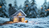 Small house covered in snow with hat on top. Suitable for winter-themed designs and holiday illustrations