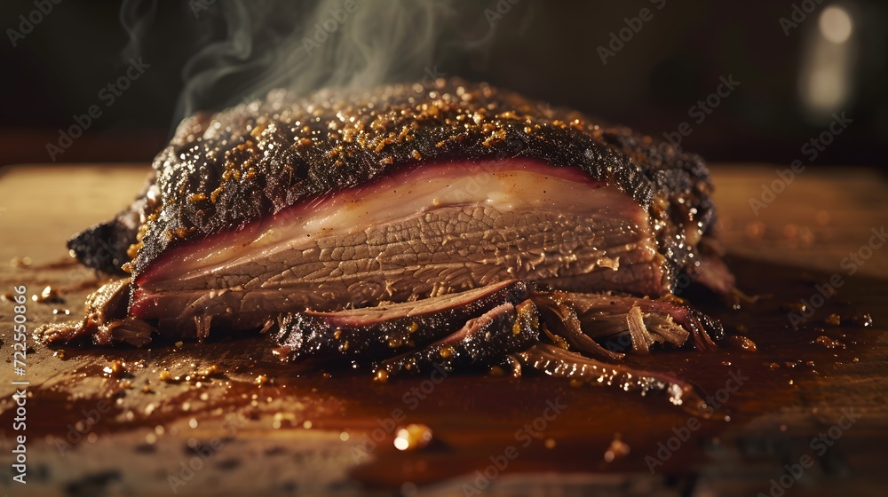 smoked beef brisket adorned with a caramelized crust and tender pink smoke ring