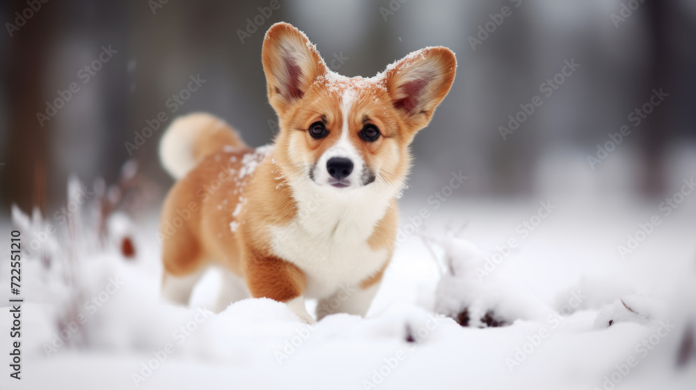 Brown and white dog standing in snow. Perfect for winter-themed designs or pet-related projects