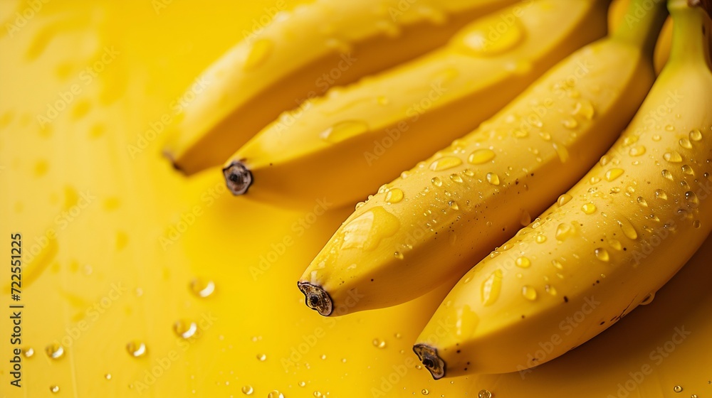 Fresh Bananas with Water Drops on Yellow Background. Generative ai