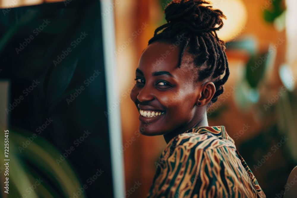 Woman with dreadlocks smiling directly at camera. Suitable for various projects
