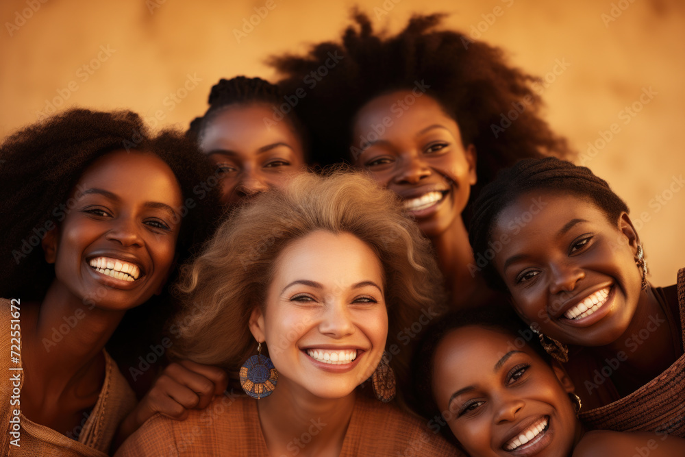 Group of women smiling and posing for picture. Perfect for capturing joyful moments and celebrating friendship Group of women smiling and posing for picture. Perfect for capturing joyful moments and celebrating friendship