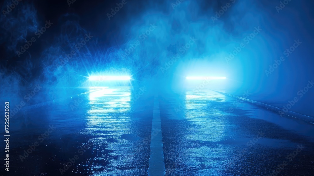 Fototapeta premium Dark empty scene, blue neon searchlight light, wet asphalt, smoke, night view, rays.