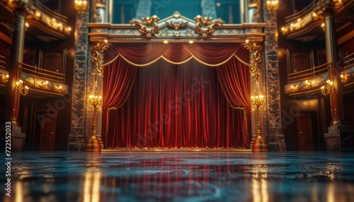 a theater with red curtains and gold trim