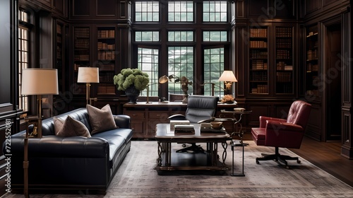 Classic study room adorned with dark wood paneling  leather furniture  and brass accents