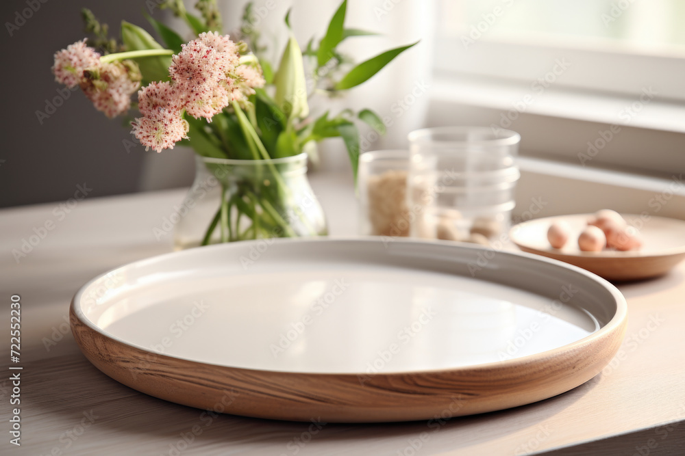 Rustic wooden table adorned with bowl of fresh eggs and beautiful vase of flowers. Perfect for farmhouse decor or spring-themed projects Rustic wooden table adorned with bowl of fresh eggs and beautiful vase of flowers. Perfect for farmhouse decor or spring-themed projects