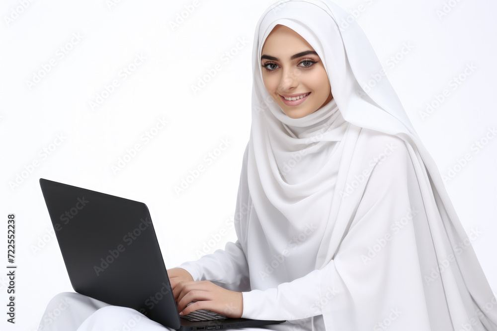 Woman wearing white hijab is using laptop. This image can be used to depict modern Muslim woman working or studying Woman wearing white hijab is using laptop. This image can be used to depict modern Muslim woman working or studying