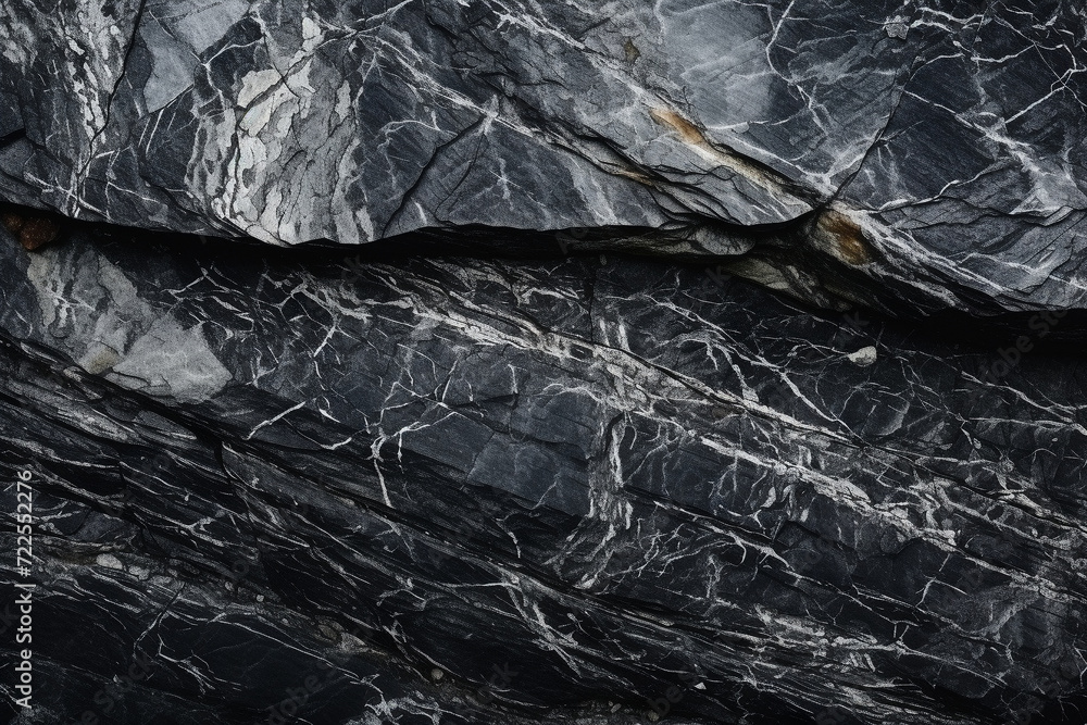 Fototapeta premium Dark stone black-white granite texture. Close-up rock surface for banner ad design. Grunge abstract background with copy space