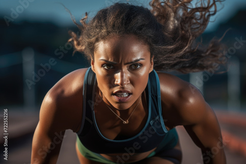 Woman wearing sports bra top is running. Perfect for fitness and active lifestyle promotions © vefimov