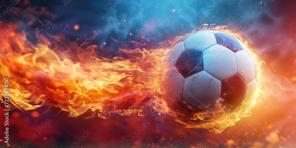 Naklejka premium Football with fire aura. champion tournament banner. Generative AI