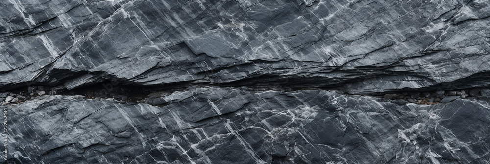 Obraz premium Panoramic dark stone black-white granite texture. Close-up rock banner ad design. Grunge abstract background with copy space