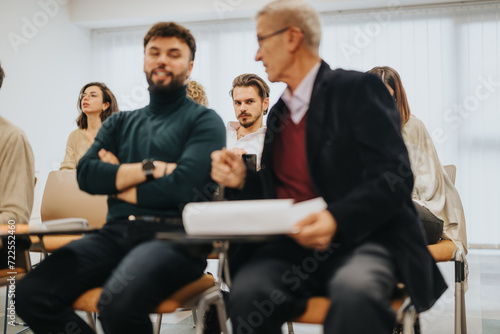 Engaged audience listening attentively to a speaker at a professional business seminar, displaying interaction and focus.