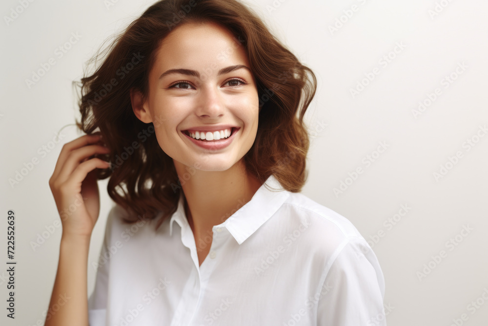 Woman in white shirt smiling and holding smart phone to her ear. Perfect for advertising and communication concepts Woman in white shirt smiling and holding smart phone to her ear. Perfect for advertising and communication concepts
